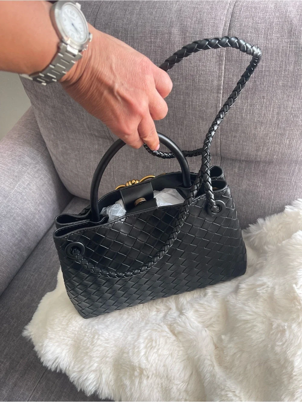 Black Woven tote bag Women’s  Leather shoulder bag Top-Handle purse New
